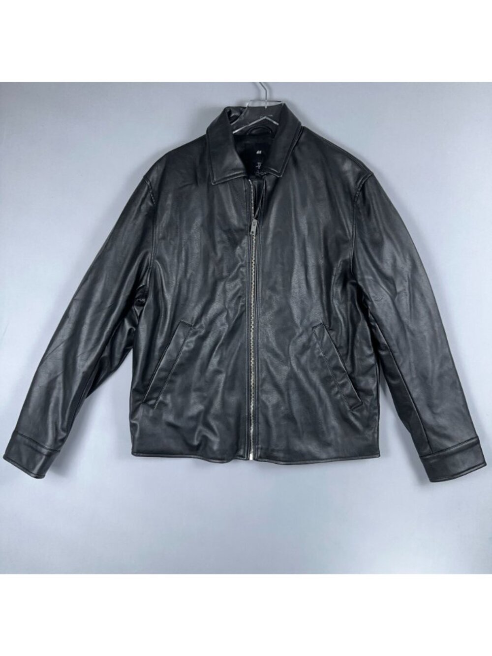 H&M Leather Jacket Coat Mens Size Large Black Zip-Up Front Welt Pockets - Picture 2 of 11